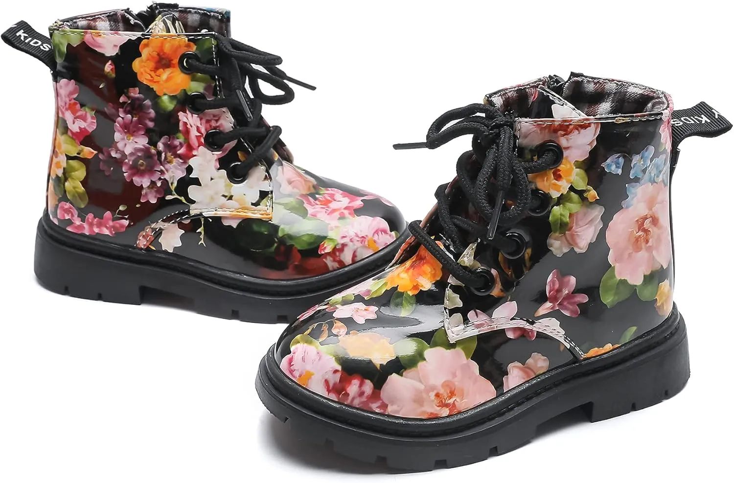 Komfyea Cute Children Boots Floral Print Girl Lace Up Boots （Toddler/Little Kids