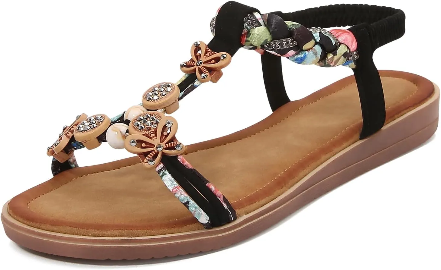 KUNWFNIX Womens Sandals Comfortable Summer Dressy Flat Sandals Bohemian Clip Toe Leather Upholstery T-Strap Flip Flop Thong Sandals
