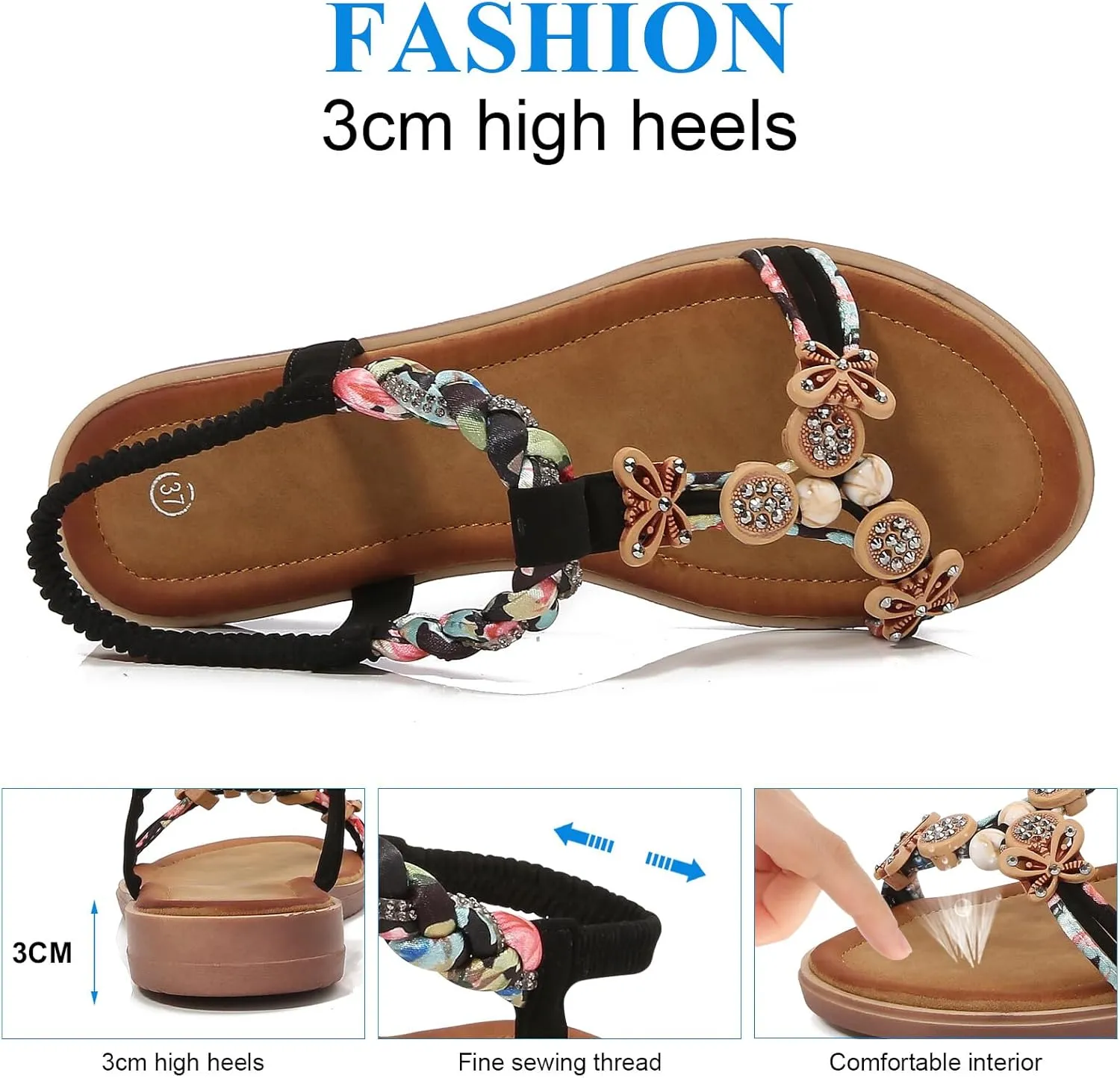 KUNWFNIX Womens Sandals Comfortable Summer Dressy Flat Sandals Bohemian Clip Toe Leather Upholstery T-Strap Flip Flop Thong Sandals