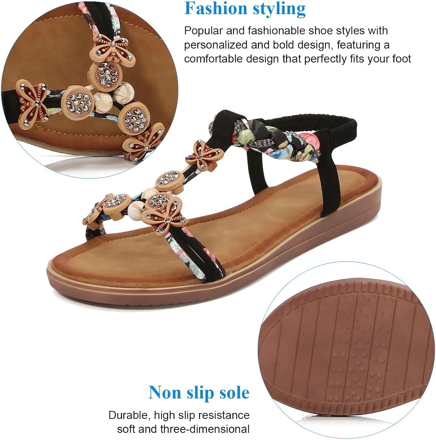 KUNWFNIX Womens Sandals Comfortable Summer Dressy Flat Sandals Bohemian Clip Toe Leather Upholstery T-Strap Flip Flop Thong Sandals