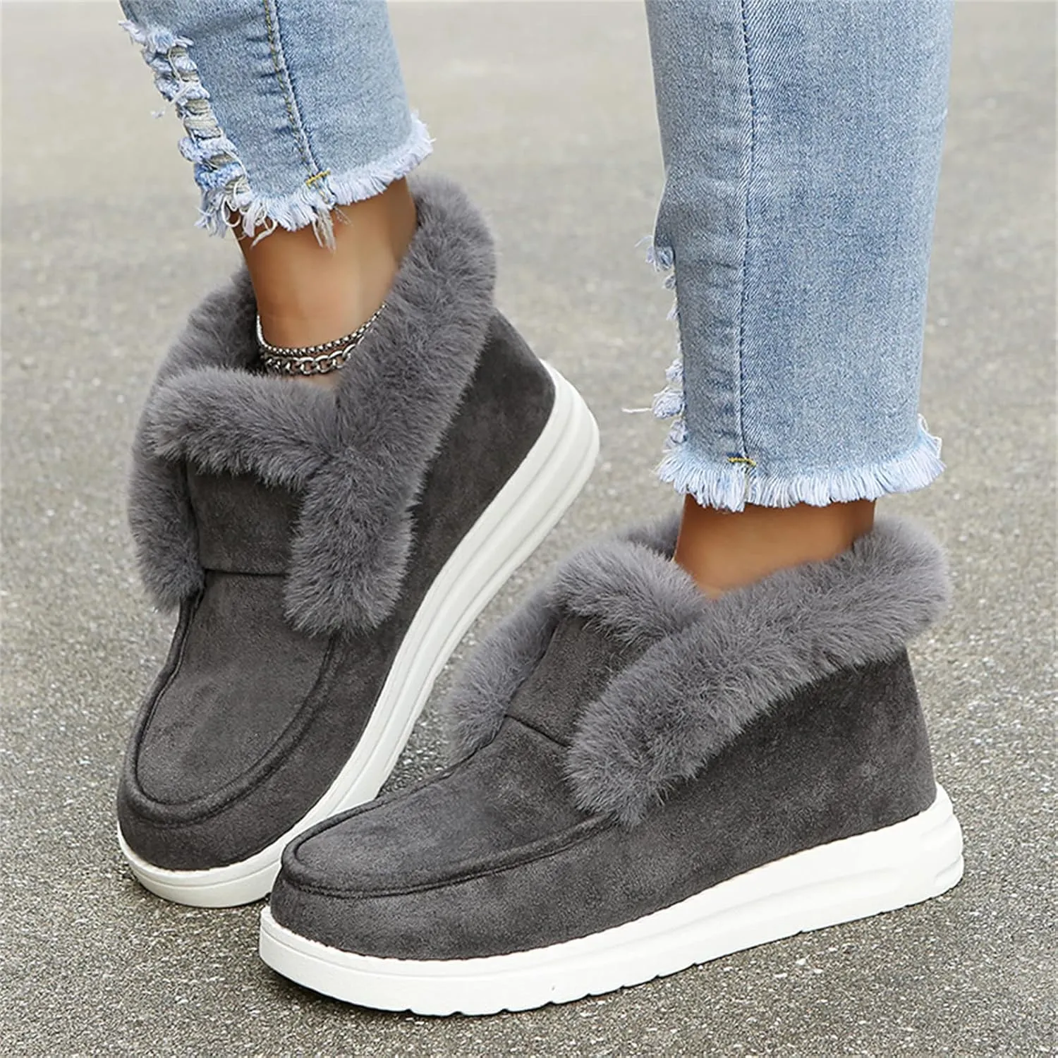 Lausiuoe Winter Boots For Women 2022 Trendy Ankle Boots Slip On Snow Fuzzy Booties Sneaker Casual Walking Shoes Loafers