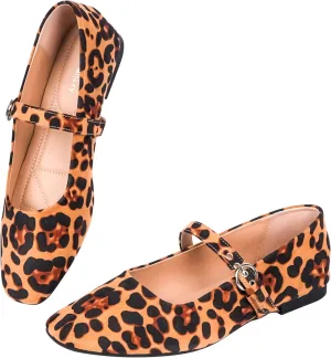 Leopard Flats for Women Mesh Ballet Flats Mary Jane Animal Print Shoes Slip On Casual Breathable Ballerina Flats