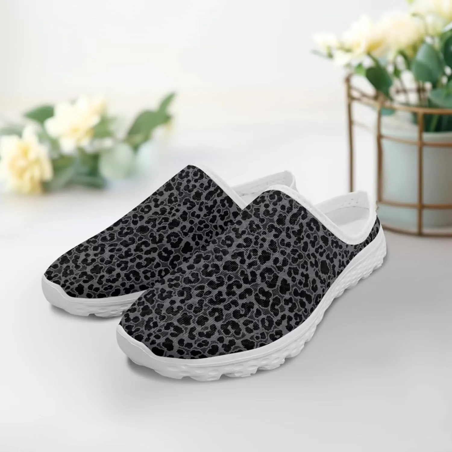 Leopard Print Mule Tennis Shoes for Women Slip on Loafers Low Top Garden Clogs Mesh Running Shoes Walking Sneaker