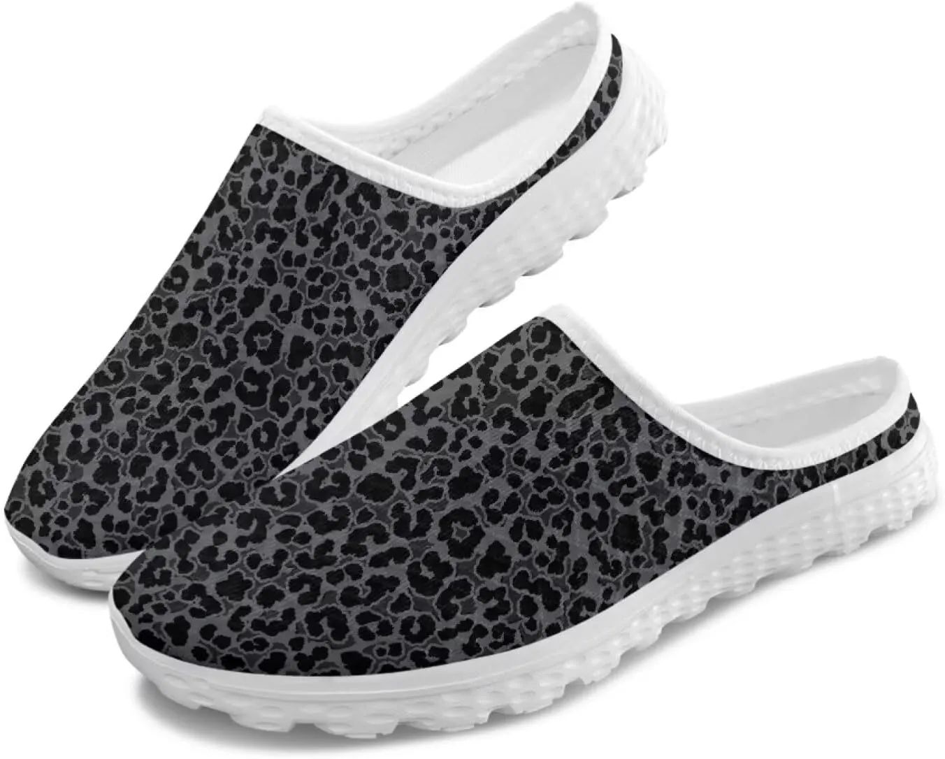 Leopard Print Mule Tennis Shoes for Women Slip on Loafers Low Top Garden Clogs Mesh Running Shoes Walking Sneaker