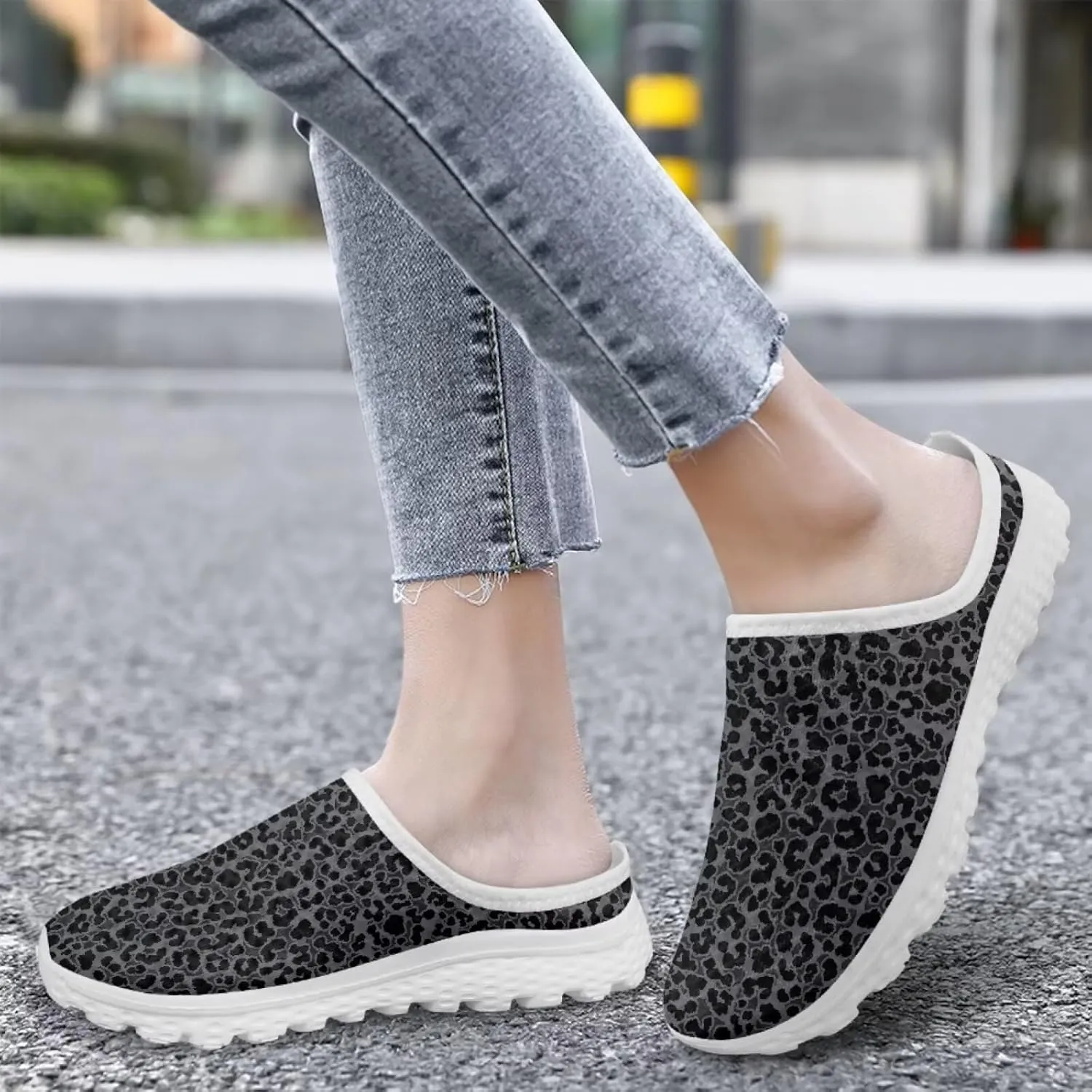 Leopard Print Mule Tennis Shoes for Women Slip on Loafers Low Top Garden Clogs Mesh Running Shoes Walking Sneaker