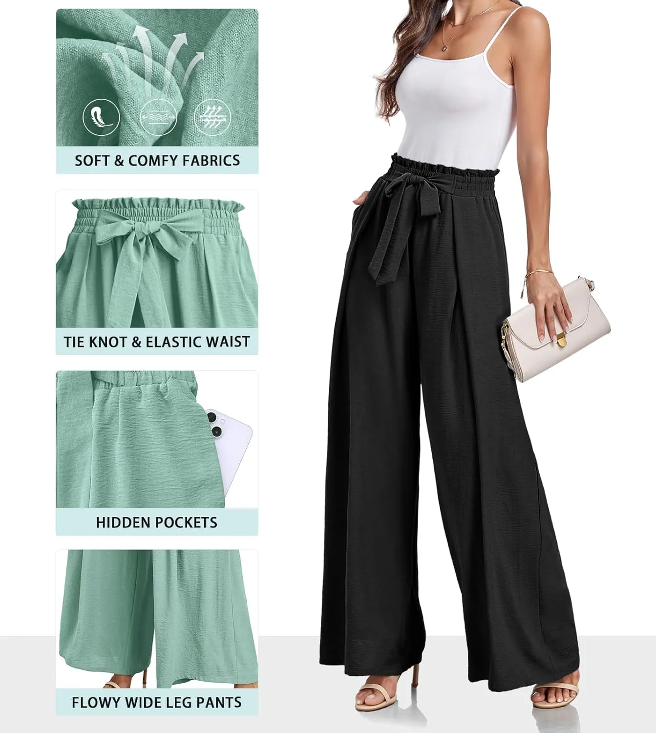 Lepunuo Wide Leg Pants for Women High Waisted Palazzo Pants Work Casual Flowy Tie Knot Trousers with Pockets