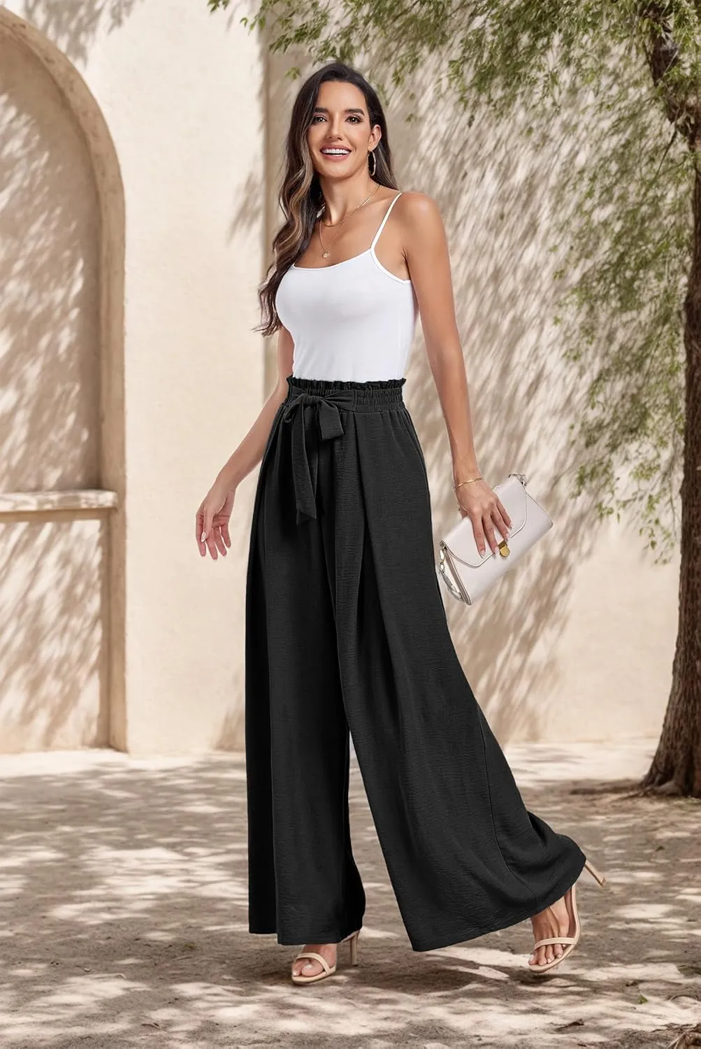 Lepunuo Wide Leg Pants for Women High Waisted Palazzo Pants Work Casual Flowy Tie Knot Trousers with Pockets