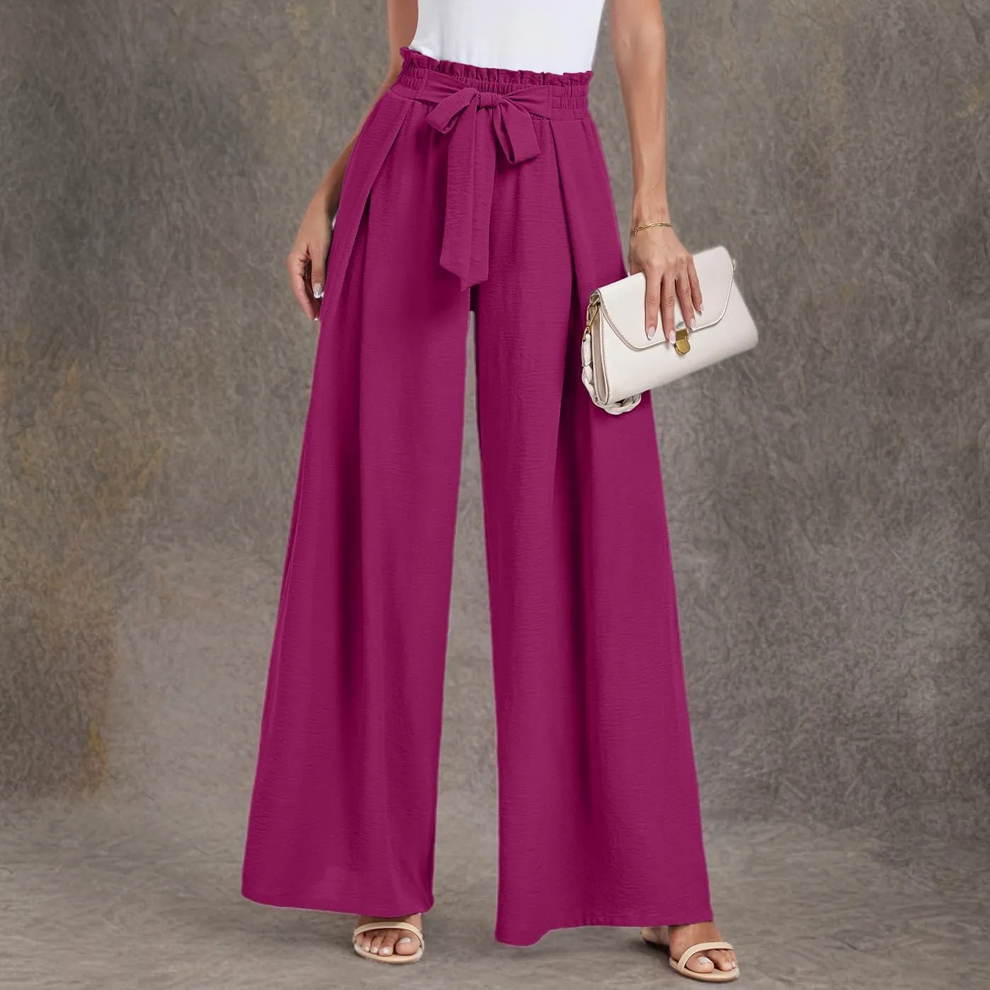 Lepunuo Wide Leg Pants for Women High Waisted Palazzo Pants Work Casual Flowy Tie Knot Trousers with Pockets