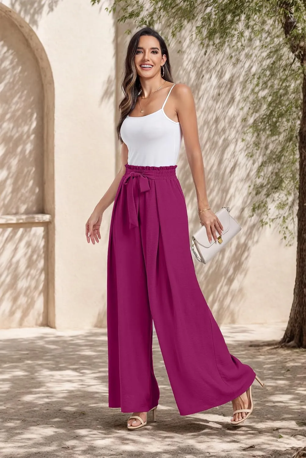 Lepunuo Wide Leg Pants for Women High Waisted Palazzo Pants Work Casual Flowy Tie Knot Trousers with Pockets