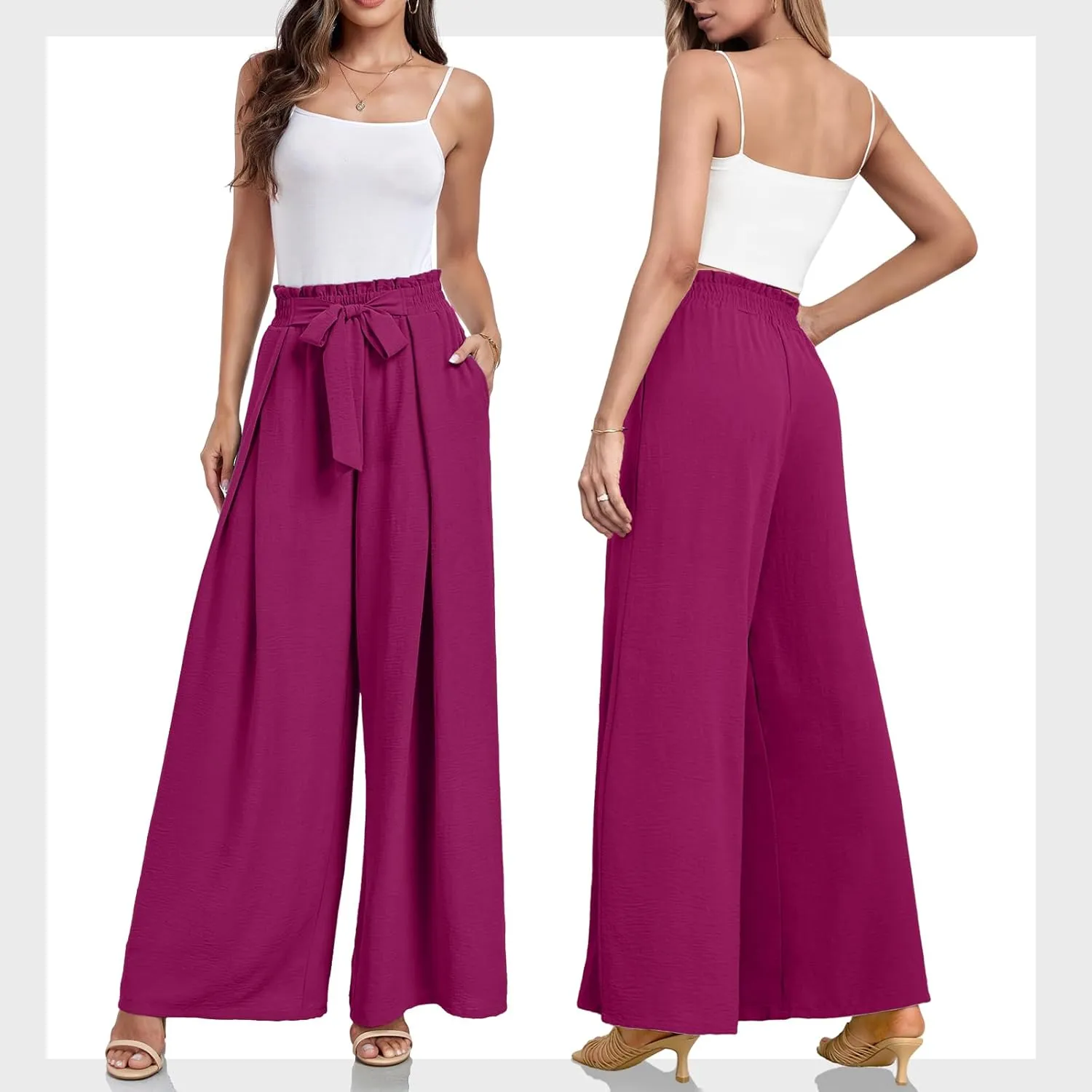 Lepunuo Wide Leg Pants for Women High Waisted Palazzo Pants Work Casual Flowy Tie Knot Trousers with Pockets