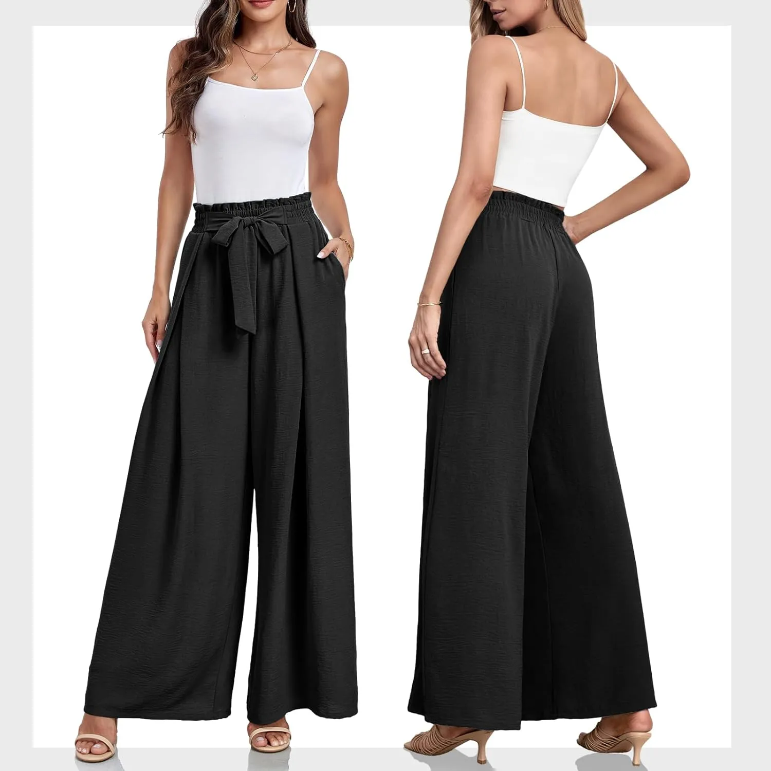 Lepunuo Wide Leg Pants for Women High Waisted Palazzo Pants Work Casual Flowy Tie Knot Trousers with Pockets