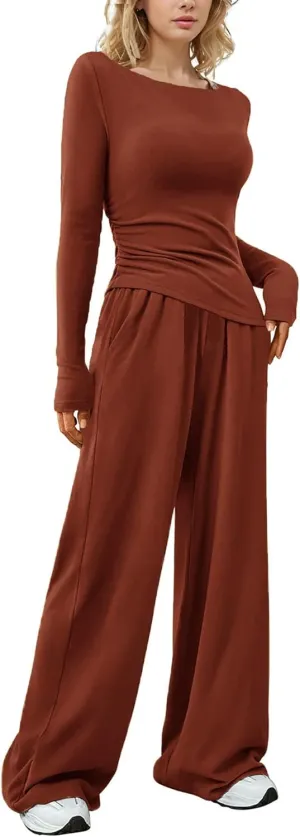 LICOBOD Asymmetrical 2 piece lounge set women long sleeve travel Outfits Comfy Loungewear Wide Leg Pants Casual Tracksuit