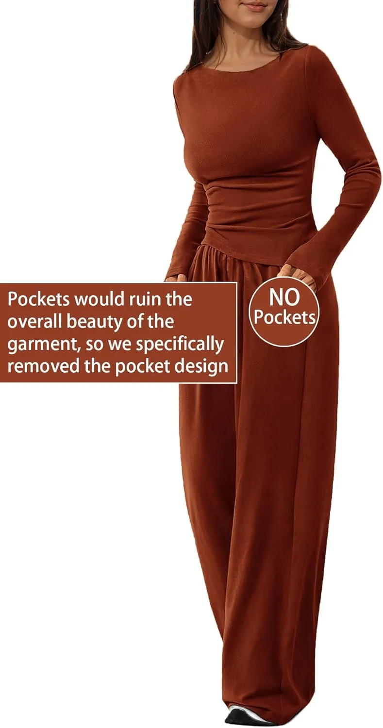 LICOBOD Asymmetrical 2 piece lounge set women long sleeve travel Outfits Comfy Loungewear Wide Leg Pants Casual Tracksuit