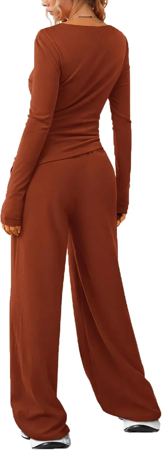 LICOBOD Asymmetrical 2 piece lounge set women long sleeve travel Outfits Comfy Loungewear Wide Leg Pants Casual Tracksuit