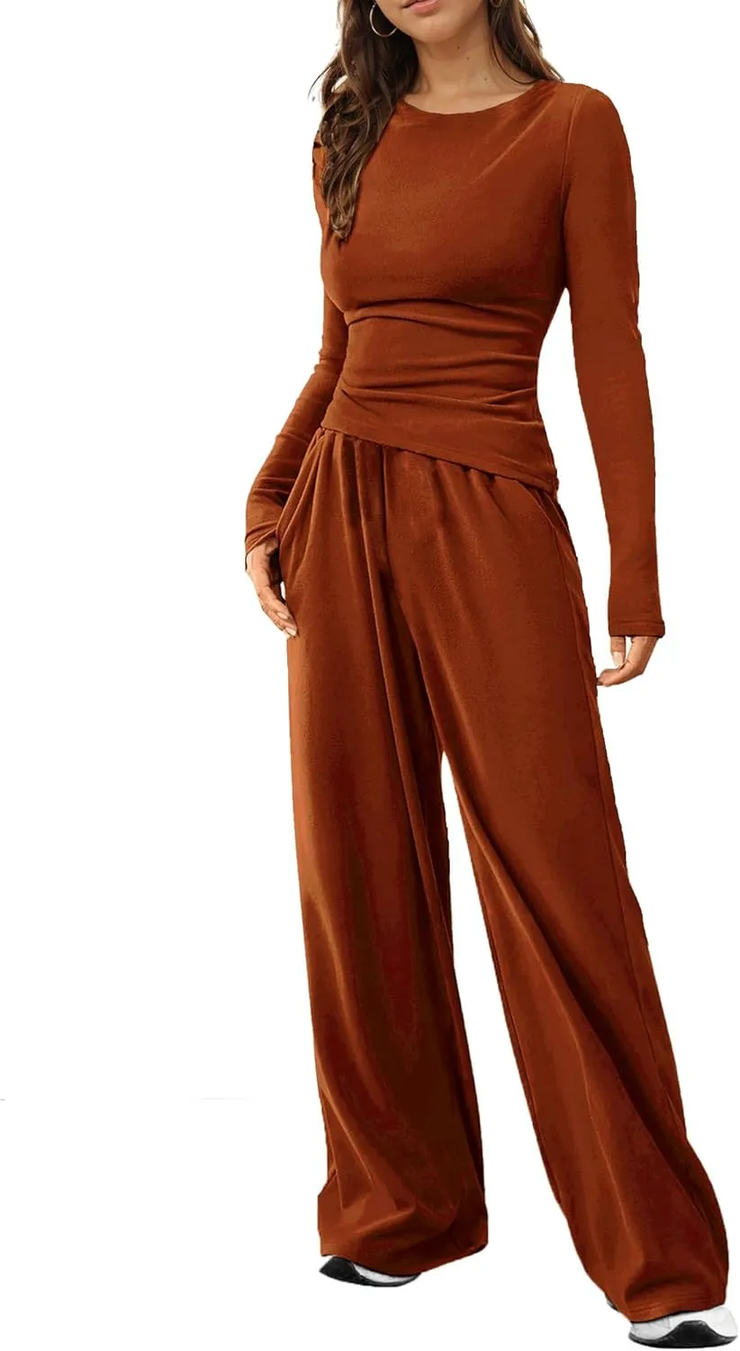 LICOBOD Asymmetrical 2 piece lounge set women long sleeve travel Outfits Comfy Loungewear Wide Leg Pants Casual Tracksuit