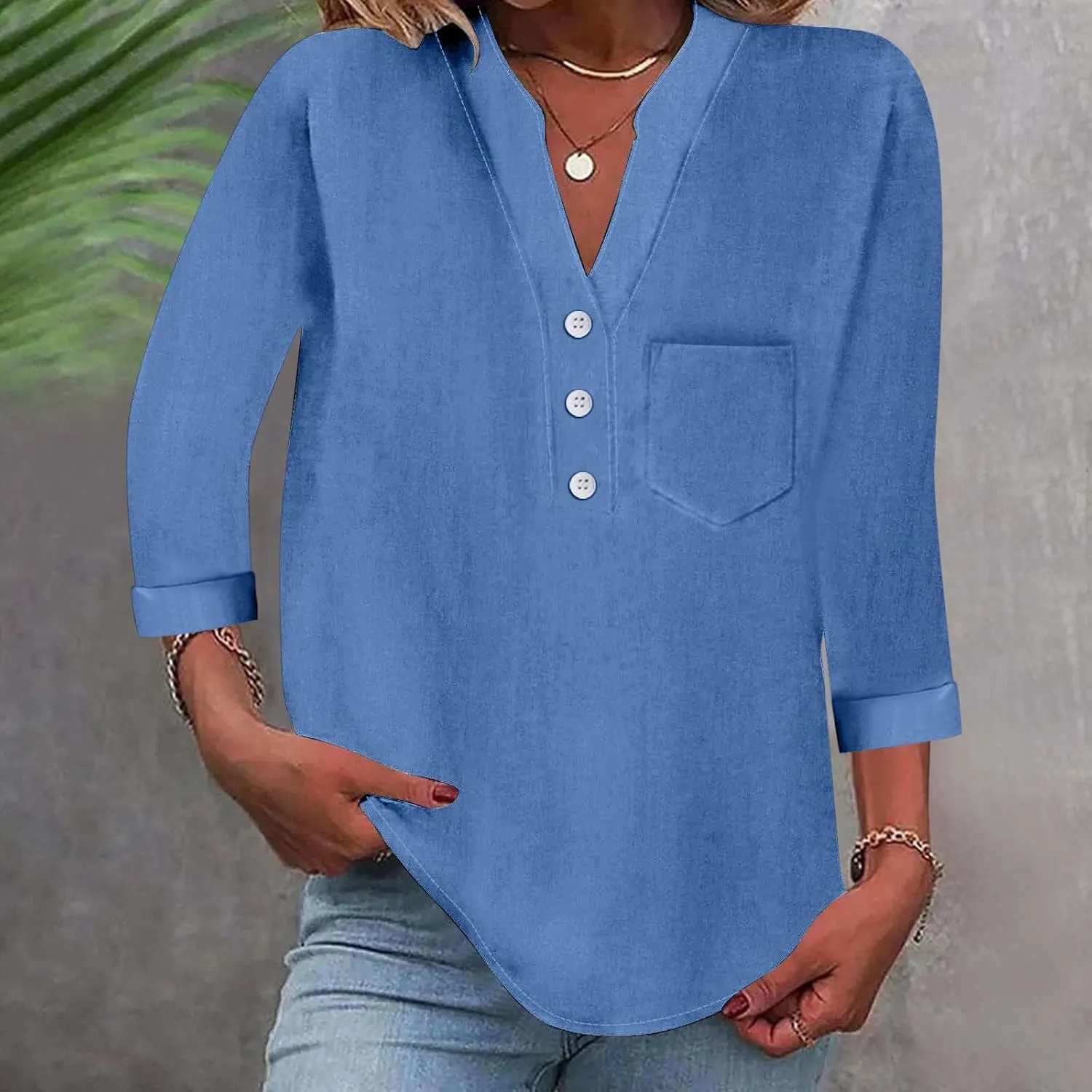 Linen Shirts for Women Plus Size Summer 3/4 Sleeve V Neck Button Down Chest Pocket Tops Casual Beach Vacation Blouses