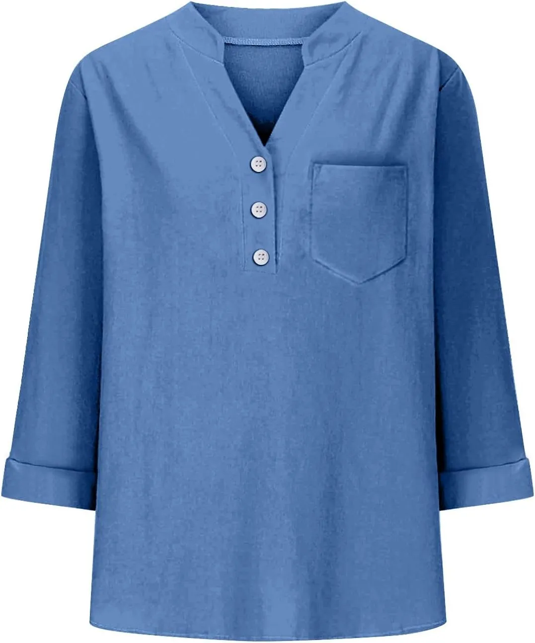 Linen Shirts for Women Plus Size Summer 3/4 Sleeve V Neck Button Down Chest Pocket Tops Casual Beach Vacation Blouses