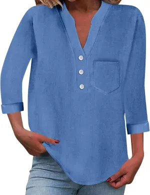 Linen Shirts for Women Plus Size Summer 3/4 Sleeve V Neck Button Down Chest Pocket Tops Casual Beach Vacation Blouses
