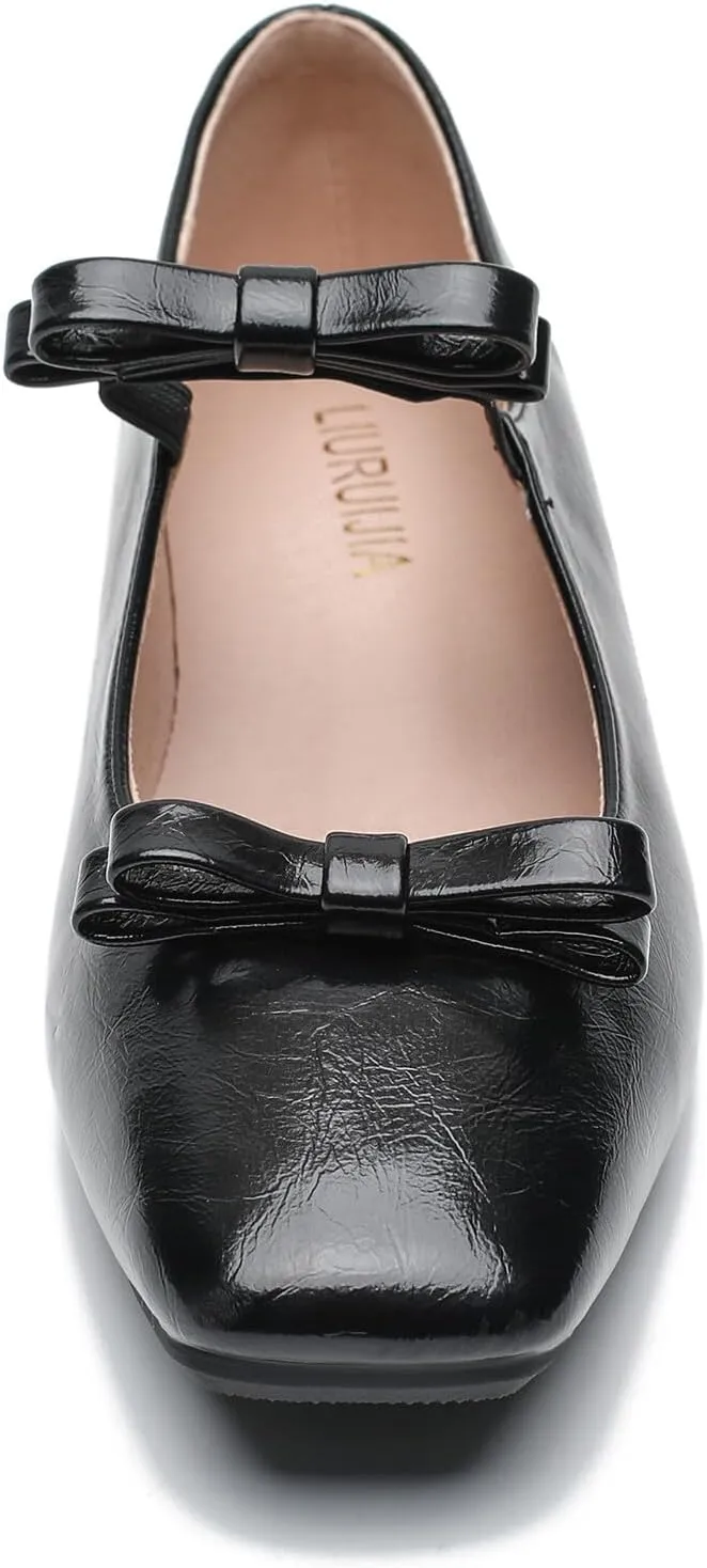 LIURUIJIA Women's Ballet Flats with Bow Square Toe Casual Comfortable Retro Mary Jane Lolita Dress Shoes