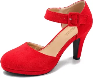 LIURUIJIA Women's Closed Toe Platform High Heels Pumps Ankle Strap Casual Dressy Shoes Vintage Bridal Wedding Party