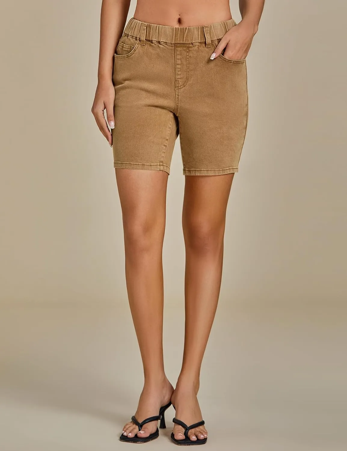 luvamia Jean Shorts for Women Trendy Pull On Mid Rise Elastic Waist Summer Casual Stretchy Long Denim Walking Shorts