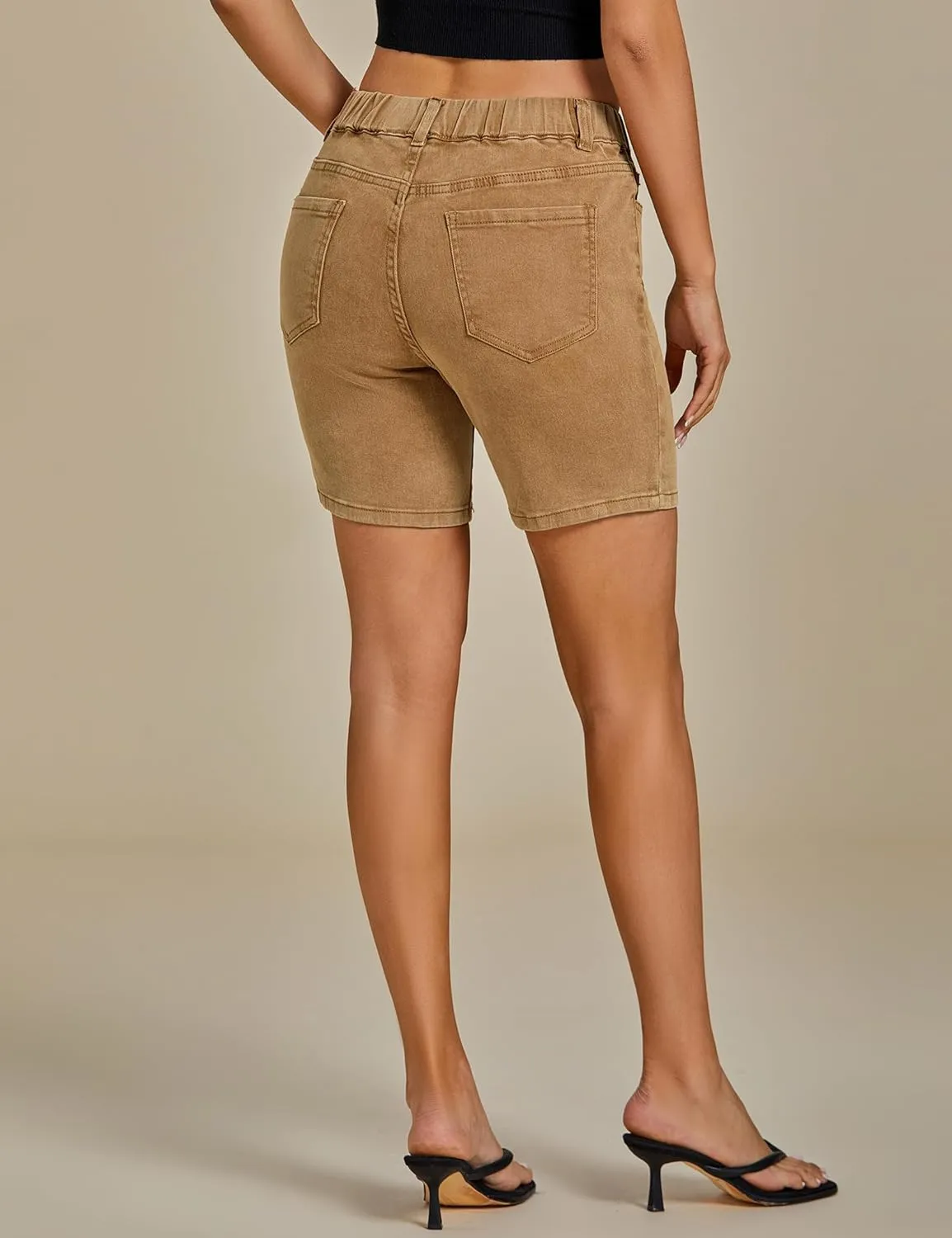 luvamia Jean Shorts for Women Trendy Pull On Mid Rise Elastic Waist Summer Casual Stretchy Long Denim Walking Shorts