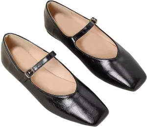 LUXINYU Women Mary Jane Elegant Dressy Square Toe Buckle Ankle Strap Microfiber Upper Solid Color Comfortable Low Heel Daily Walking Shoes Work Flats Prom Party Shoes