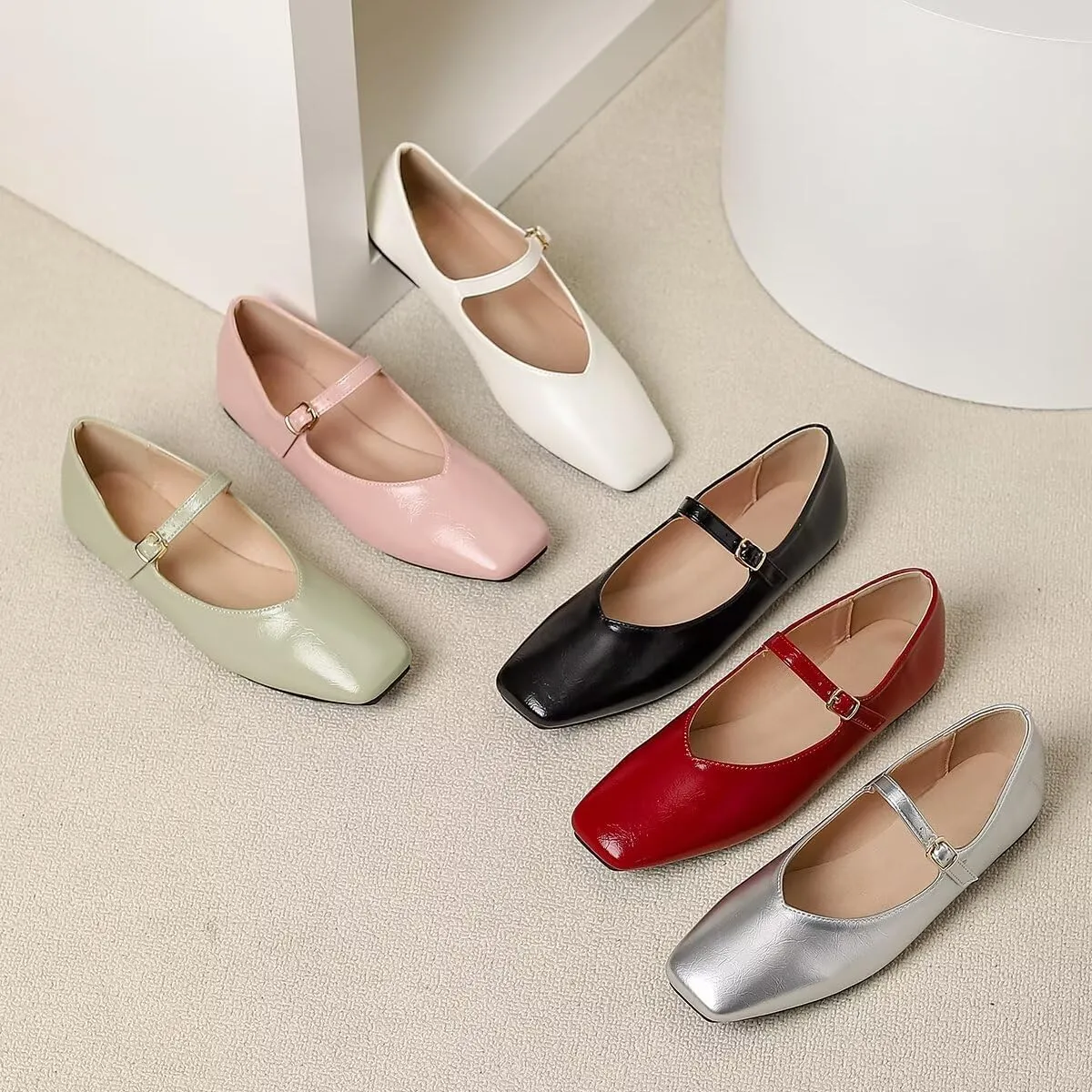 LUXINYU Women Mary Jane Elegant Dressy Square Toe Buckle Ankle Strap Microfiber Upper Solid Color Comfortable Low Heel Daily Walking Shoes Work Flats Prom Party Shoes