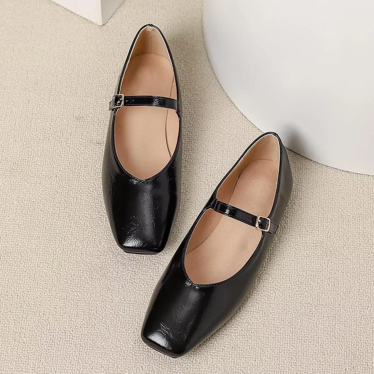 LUXINYU Women Mary Jane Elegant Dressy Square Toe Buckle Ankle Strap Microfiber Upper Solid Color Comfortable Low Heel Daily Walking Shoes Work Flats Prom Party Shoes