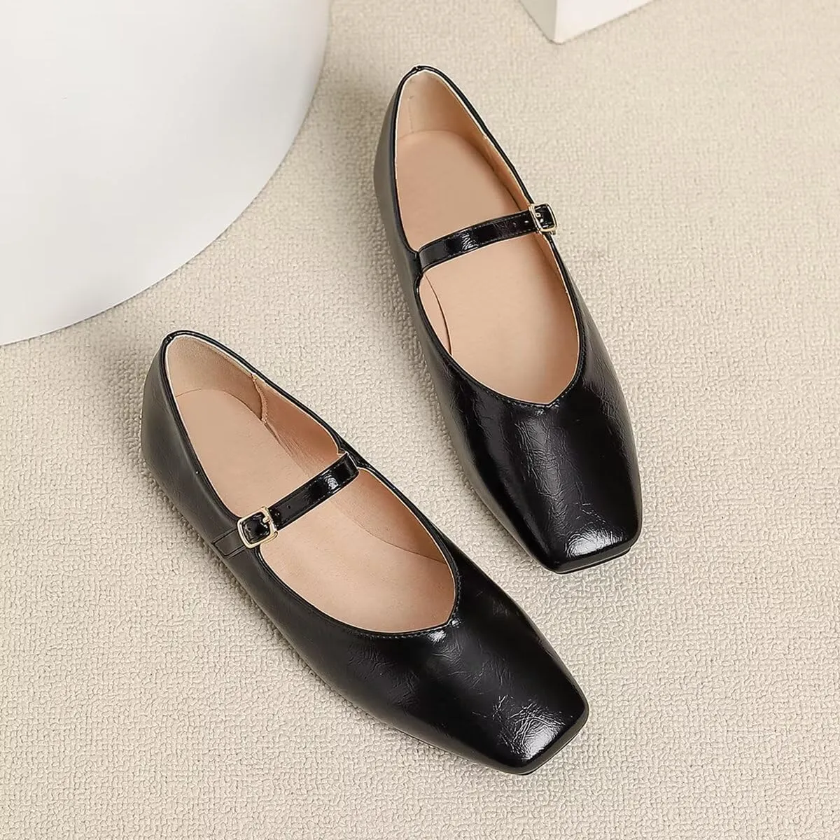 LUXINYU Women Mary Jane Elegant Dressy Square Toe Buckle Ankle Strap Microfiber Upper Solid Color Comfortable Low Heel Daily Walking Shoes Work Flats Prom Party Shoes