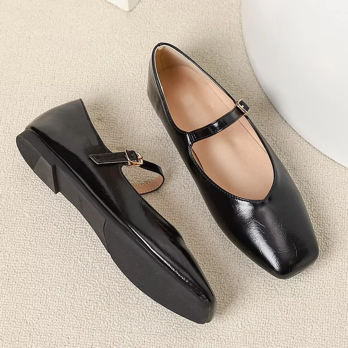 LUXINYU Women Mary Jane Elegant Dressy Square Toe Buckle Ankle Strap Microfiber Upper Solid Color Comfortable Low Heel Daily Walking Shoes Work Flats Prom Party Shoes