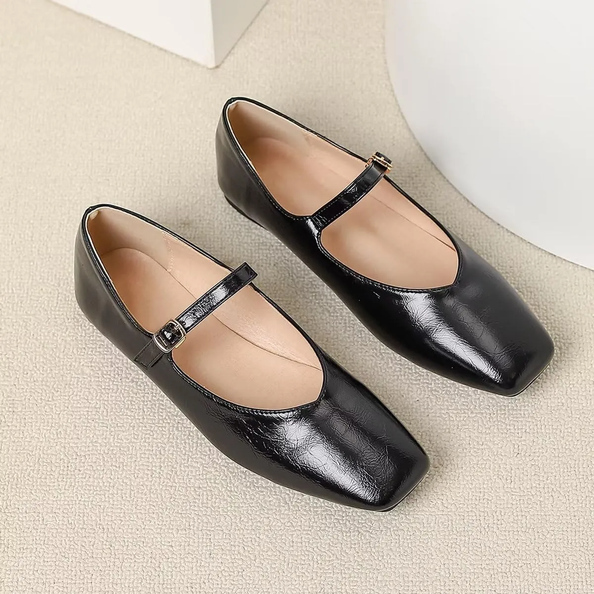 LUXINYU Women Mary Jane Elegant Dressy Square Toe Buckle Ankle Strap Microfiber Upper Solid Color Comfortable Low Heel Daily Walking Shoes Work Flats Prom Party Shoes