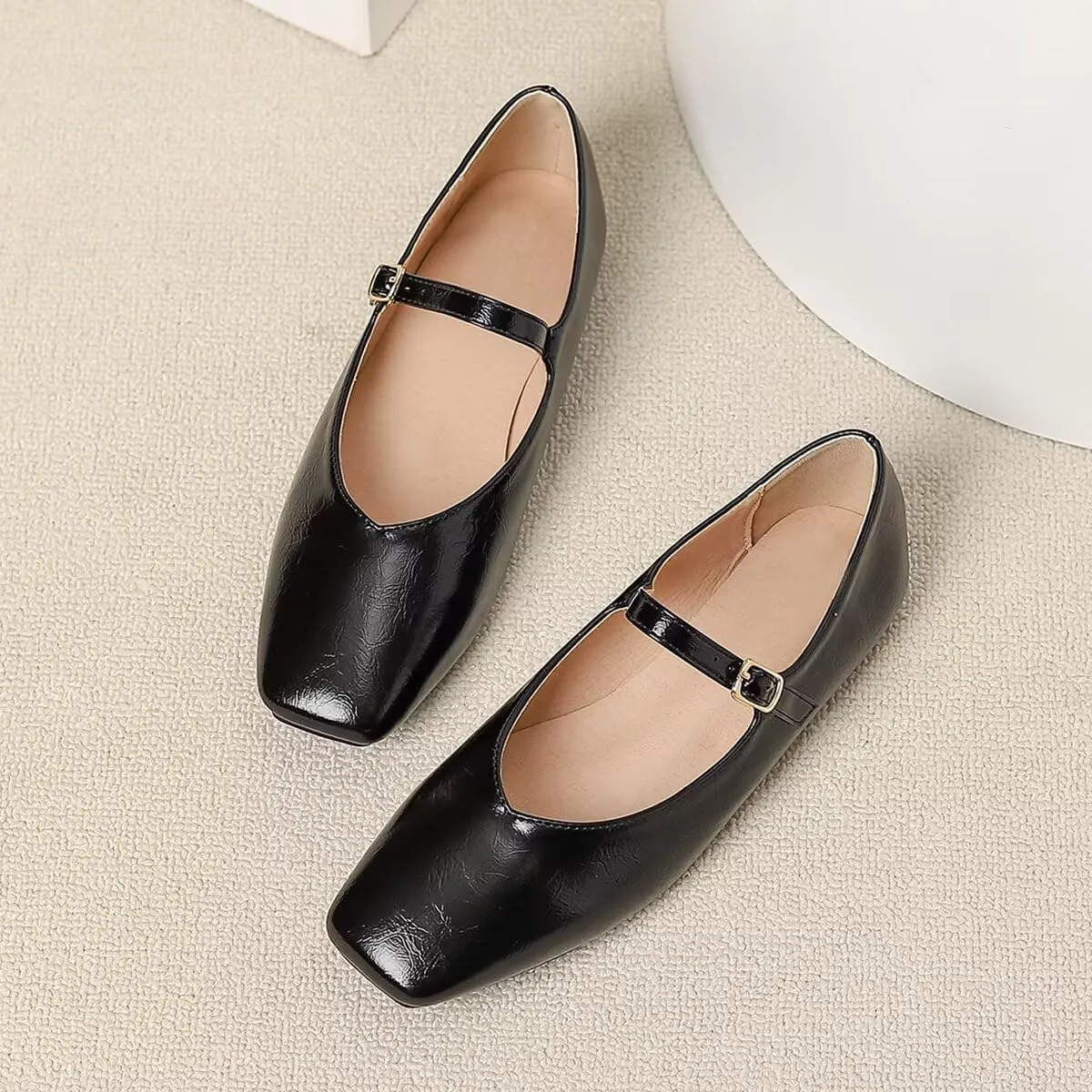 LUXINYU Women Mary Jane Elegant Dressy Square Toe Buckle Ankle Strap Microfiber Upper Solid Color Comfortable Low Heel Daily Walking Shoes Work Flats Prom Party Shoes