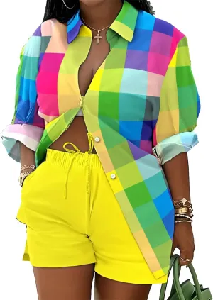 Mandonce 2 Piece Outfits for Women Long Sleeve Printed Shirt and Elastic Lace-Up Shorts with Pockets Sexy Casual Sport Set