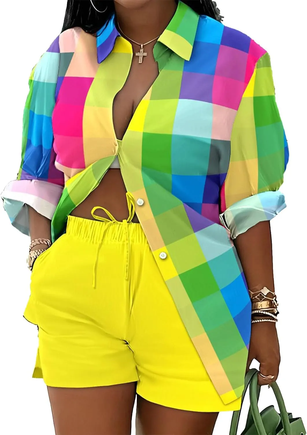 Mandonce 2 Piece Outfits for Women Long Sleeve Printed Shirt and Elastic Lace-Up Shorts with Pockets Sexy Casual Sport Set