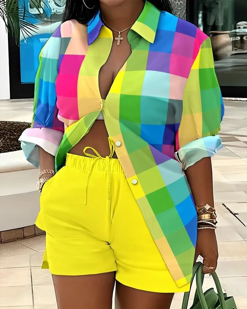 Mandonce 2 Piece Outfits for Women Long Sleeve Printed Shirt and Elastic Lace-Up Shorts with Pockets Sexy Casual Sport Set