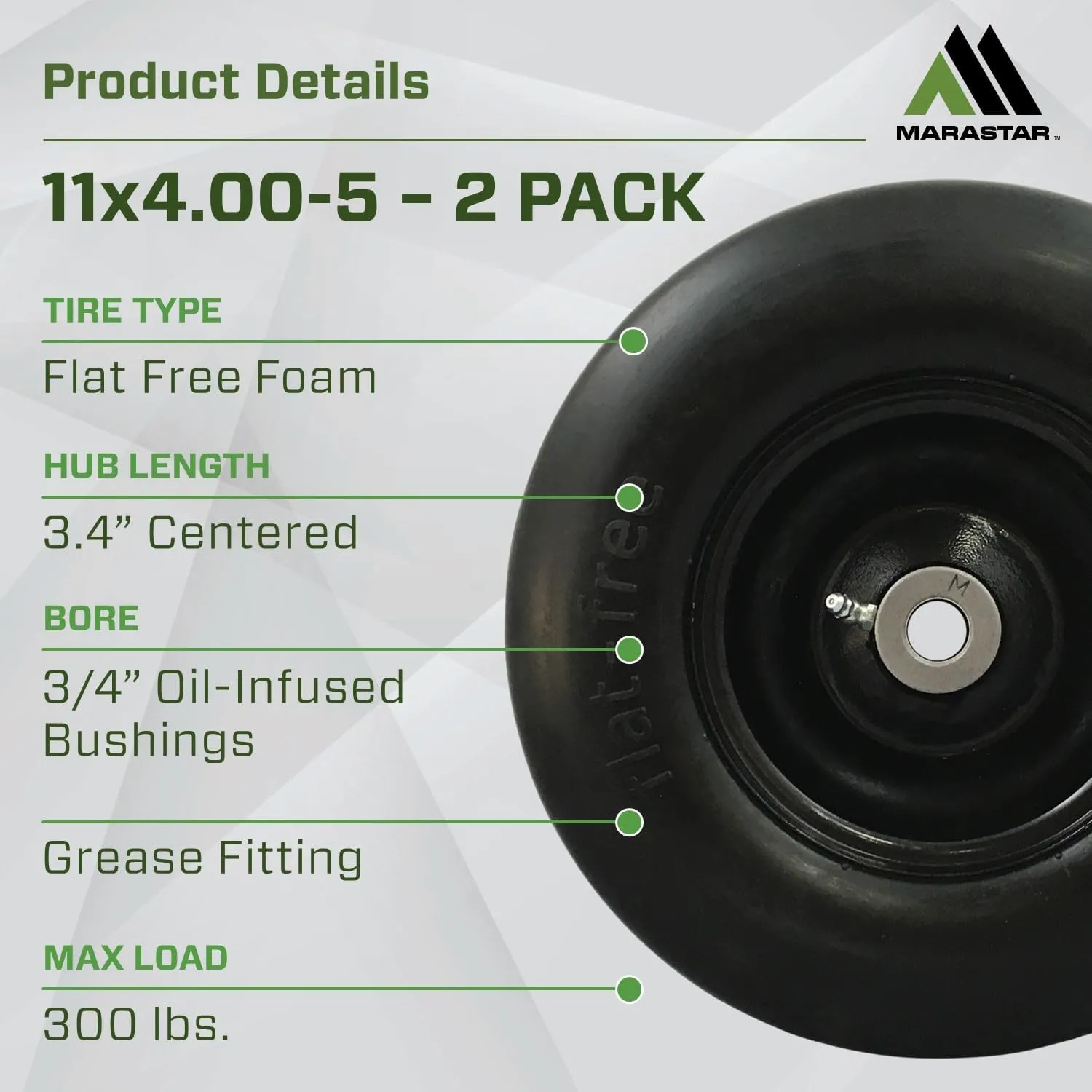 MARASTAR 00232-2PK Universal Fit Flat-Free 11x4.00-5 Tire and Wheel Assembly, Zero Turn Lawn Mower Replacement Tires, Smooth Tread, Adapter Kit included, 2 pack