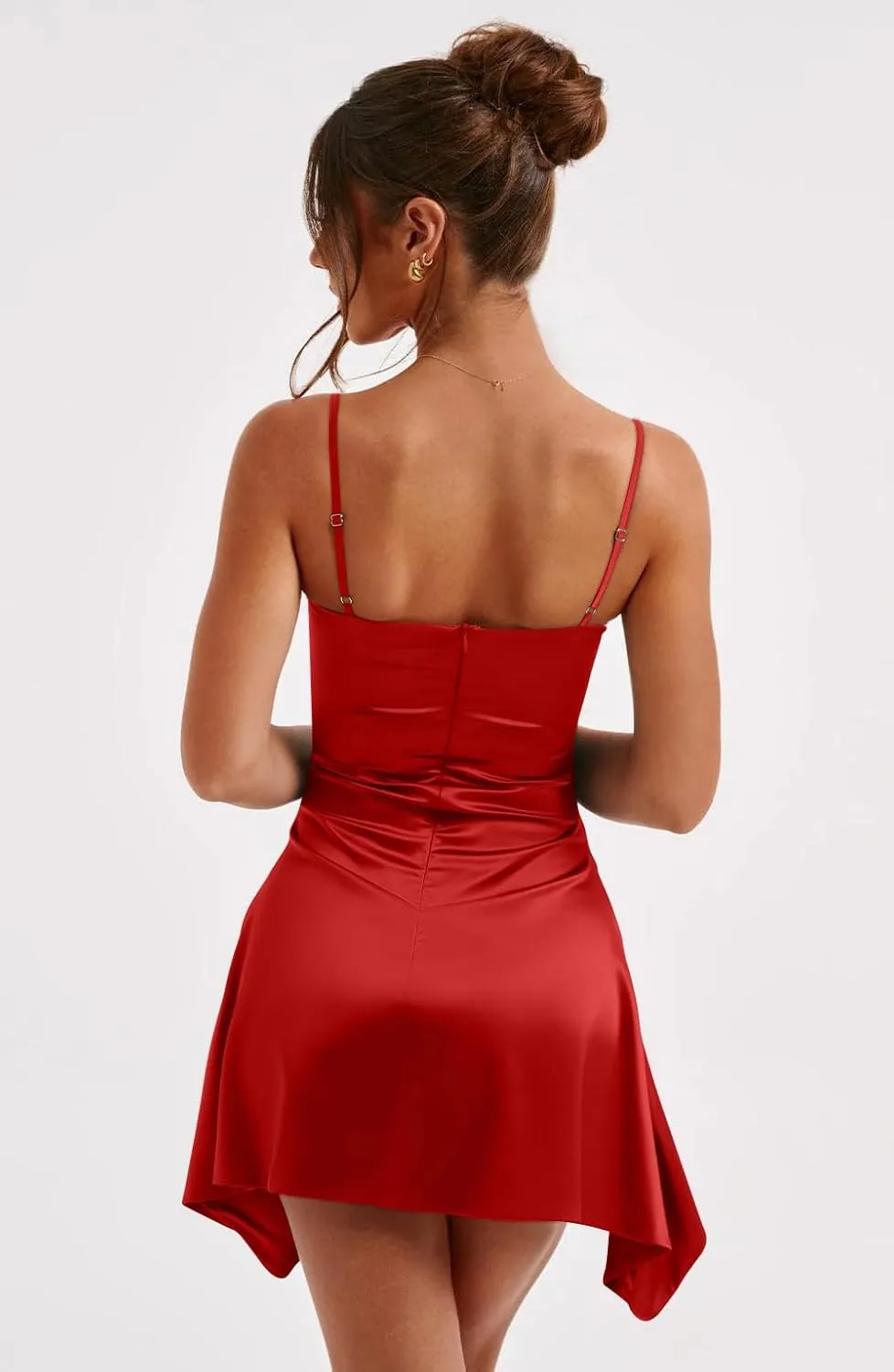 Memoriesea Women's Satin Sleeveless Spaghetti Strap Ruched Sexy Mini Club Party Dress