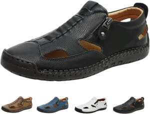 Mens Closed Toe Leather Sandals For Men Leather Fisherman Sandals Slip-On, Side Zipper for Summer Driving, Walking, Hiking, Outdoor Use