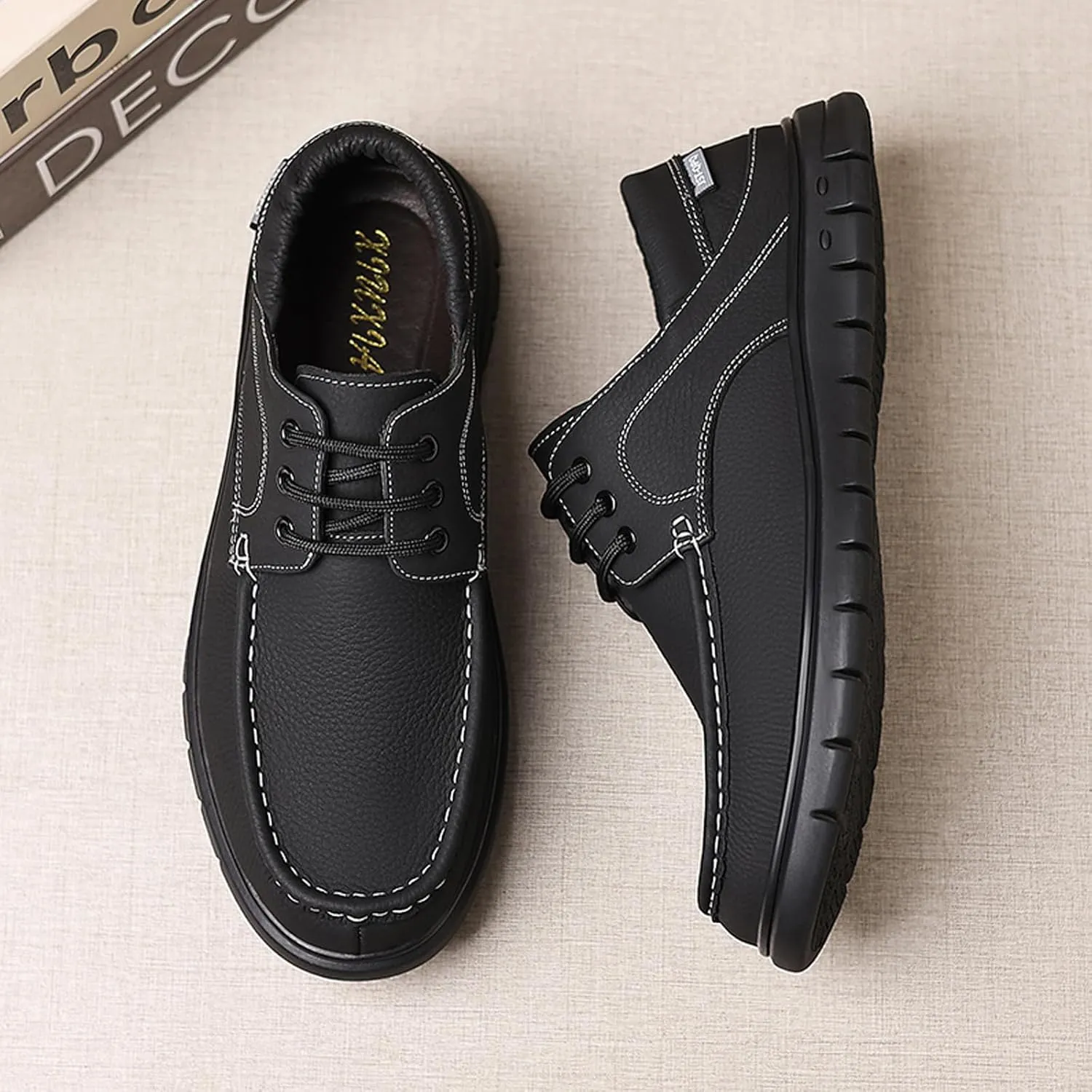 Men's Genuine Leather Boat Shoes Lace-Up | Hand-Stitched Non-Slip Rubber Sole | Comfortable Breathable Casual Dress Loafers for Business & Outdoor