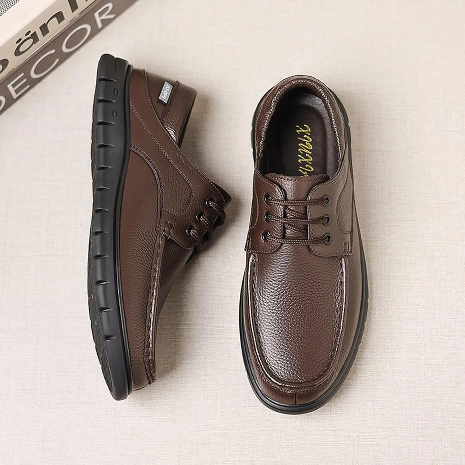 Men's Genuine Leather Boat Shoes Lace-Up | Hand-Stitched Non-Slip Rubber Sole | Comfortable Breathable Casual Dress Loafers for Business & Outdoor