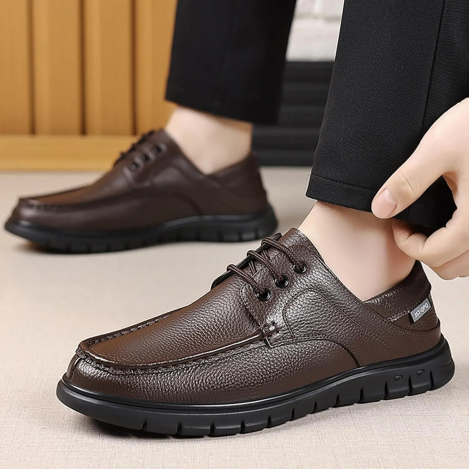 Men's Genuine Leather Boat Shoes Lace-Up | Hand-Stitched Non-Slip Rubber Sole | Comfortable Breathable Casual Dress Loafers for Business & Outdoor