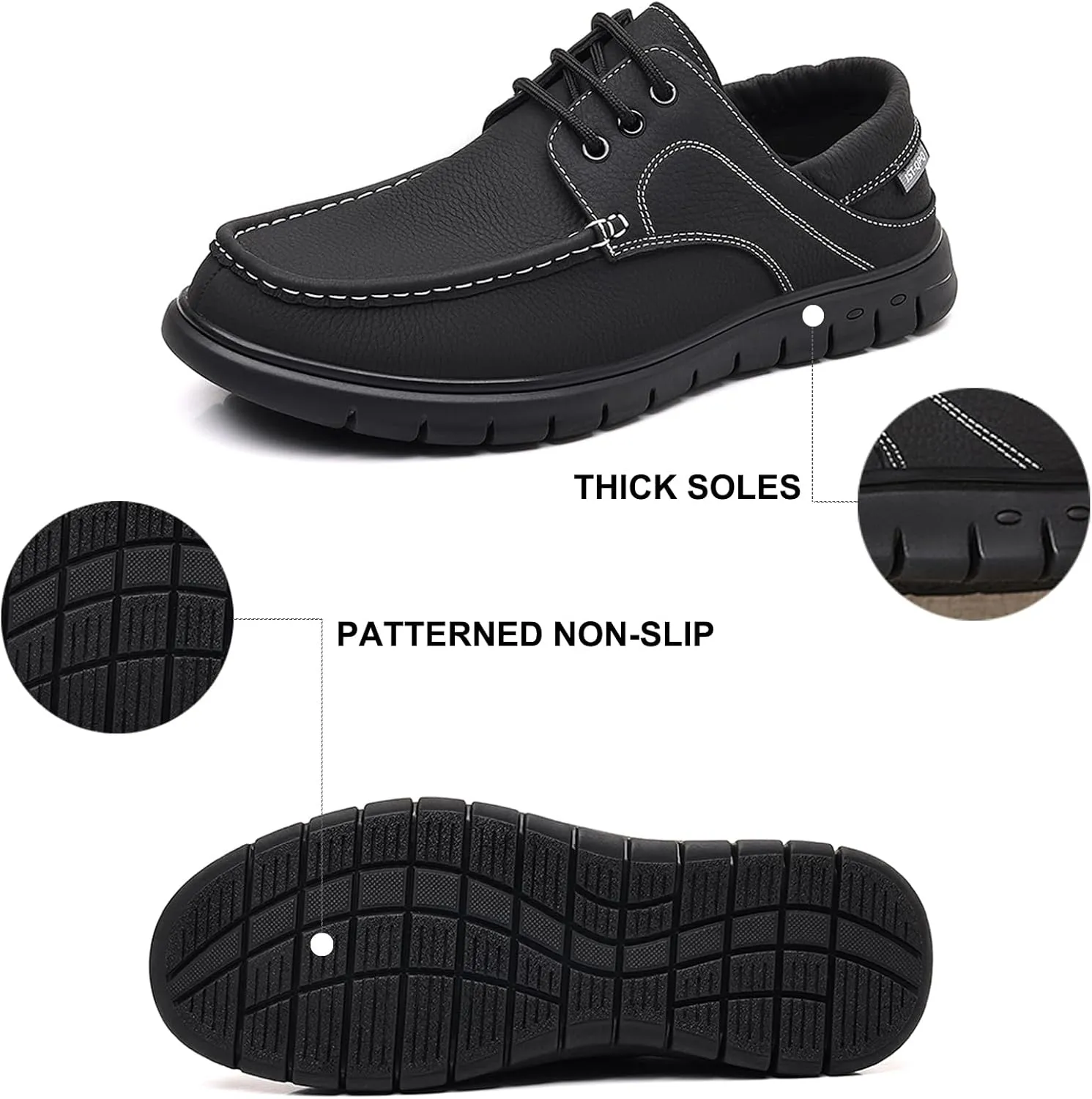 Men's Genuine Leather Boat Shoes Lace-Up | Hand-Stitched Non-Slip Rubber Sole | Comfortable Breathable Casual Dress Loafers for Business & Outdoor