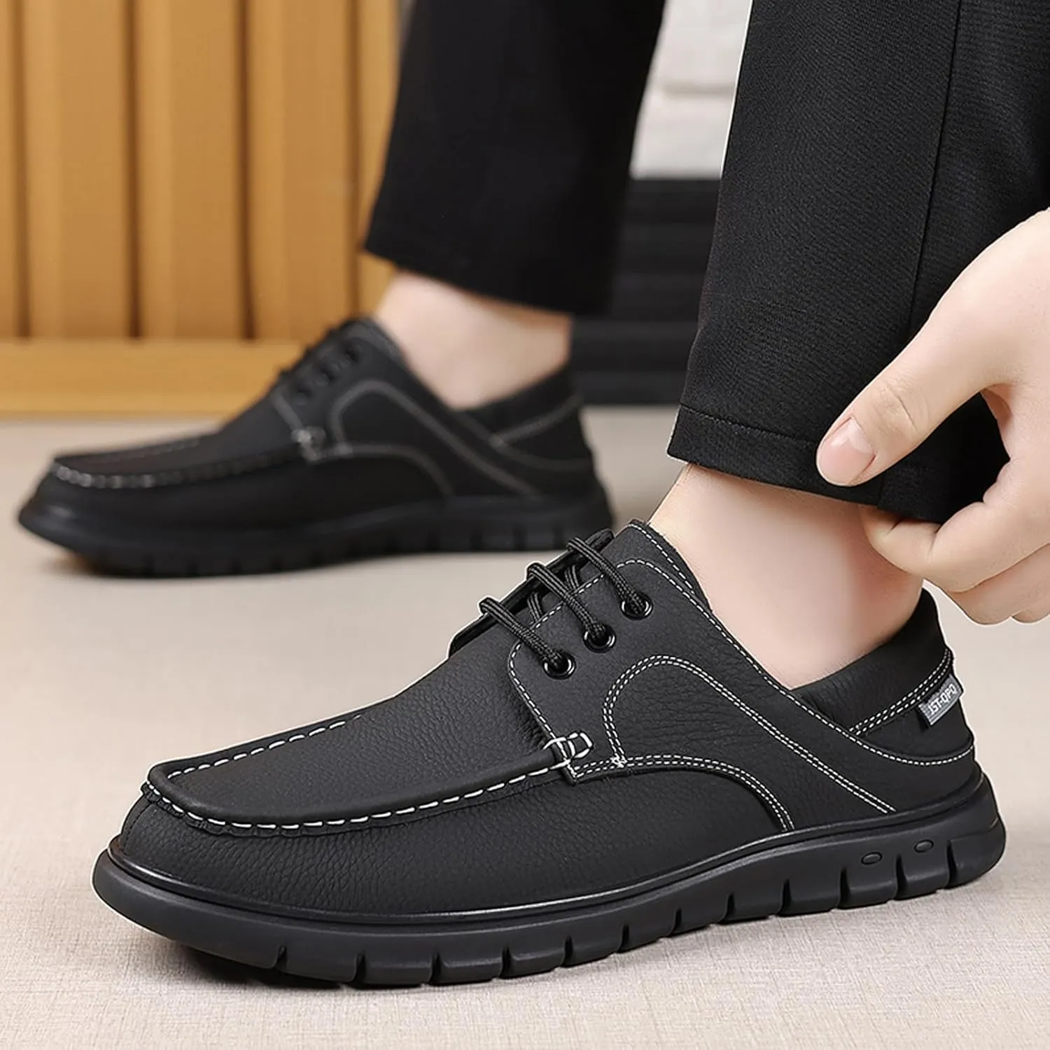 Men's Genuine Leather Boat Shoes Lace-Up | Hand-Stitched Non-Slip Rubber Sole | Comfortable Breathable Casual Dress Loafers for Business & Outdoor