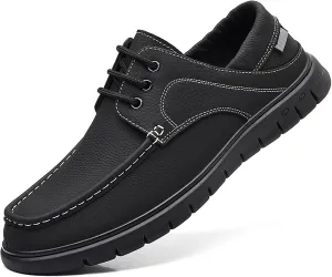 Men's Genuine Leather Boat Shoes Lace-Up | Hand-Stitched Non-Slip Rubber Sole | Comfortable Breathable Casual Dress Loafers for Business & Outdoor