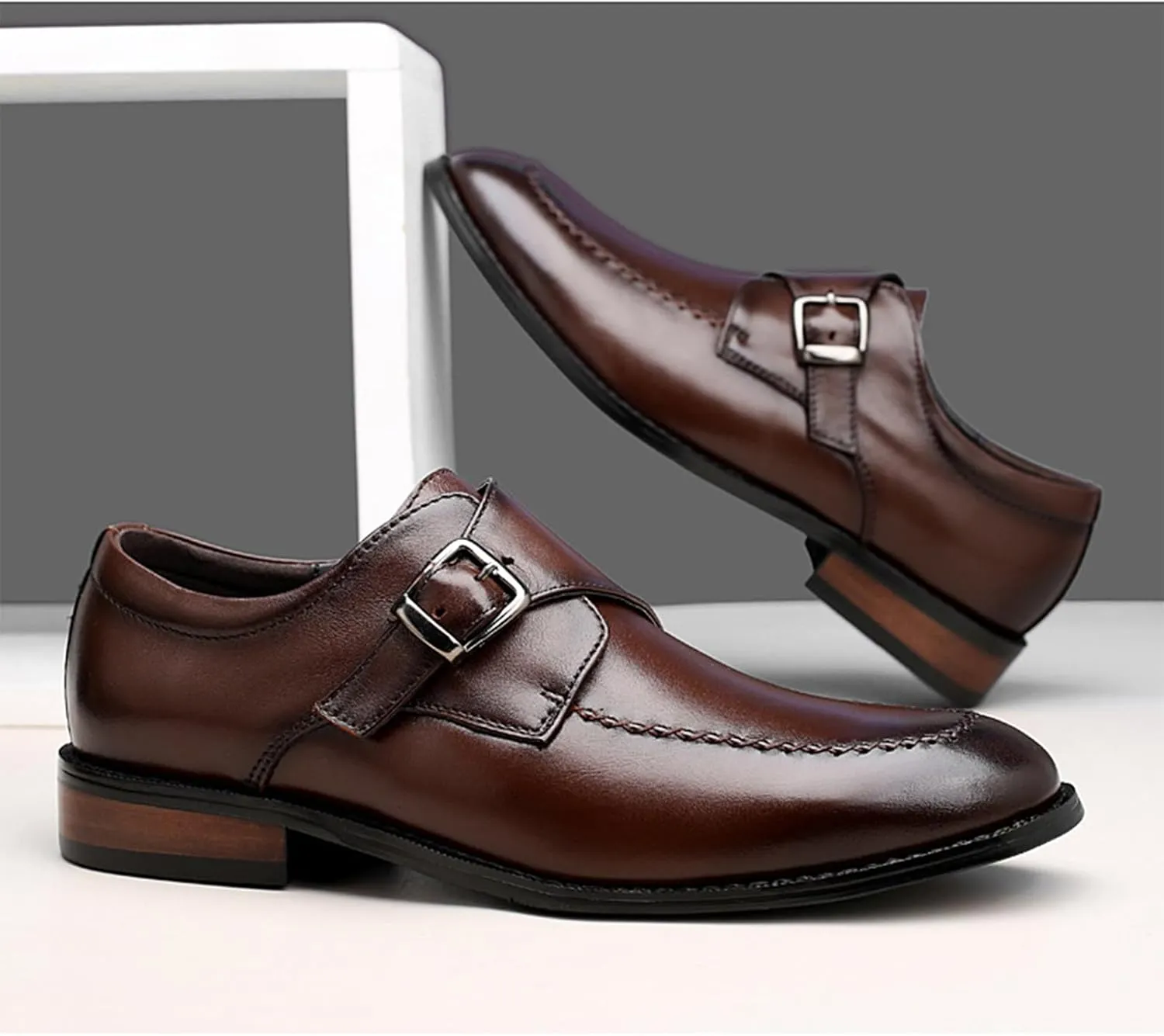 Men's Genuine Leather Buckle Dress Shoes Comfortable Slip On Monk Strap Loafers Classic Cap Toe Formal Business Shoes