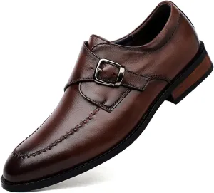 Men's Genuine Leather Buckle Dress Shoes Comfortable Slip On Monk Strap Loafers Classic Cap Toe Formal Business Shoes