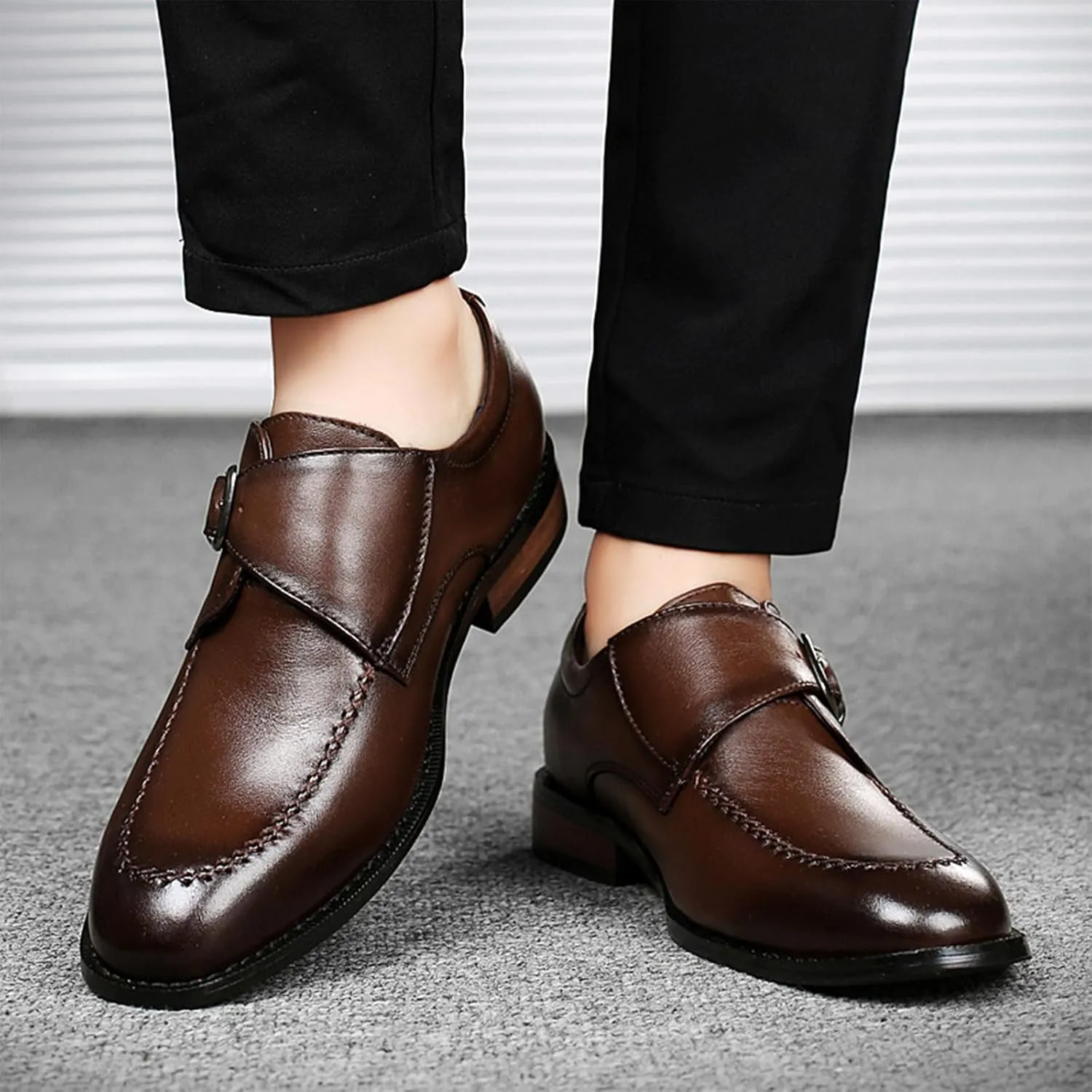 Men's Genuine Leather Buckle Dress Shoes Comfortable Slip On Monk Strap Loafers Classic Cap Toe Formal Business Shoes