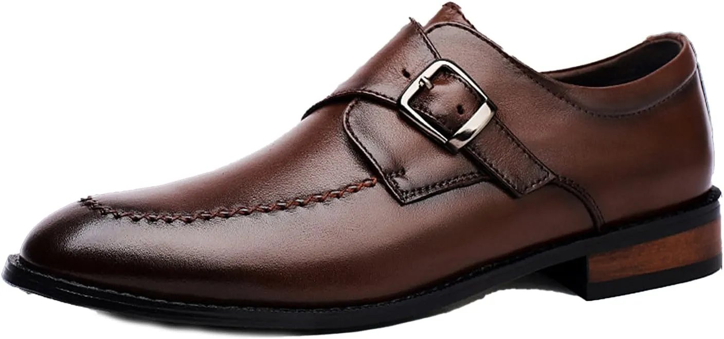 Men's Genuine Leather Buckle Dress Shoes Comfortable Slip On Monk Strap Loafers Classic Cap Toe Formal Business Shoes