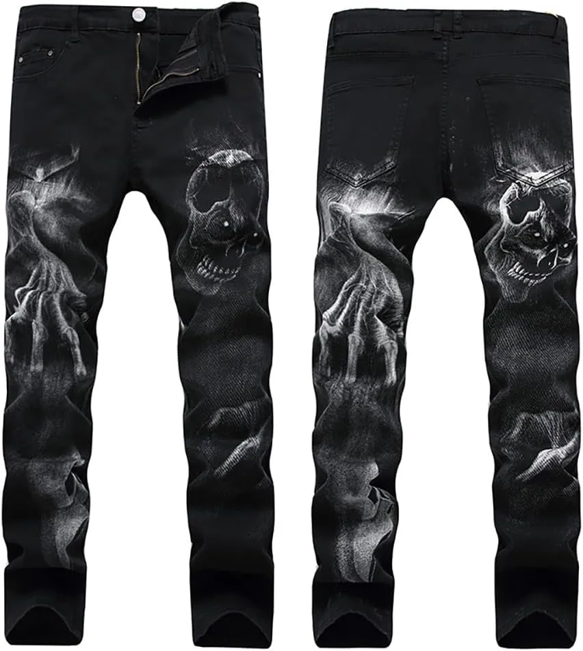 Men's Jeans Skinny Trendy Dragon Print Stretchy Fashion Hip Hop Straight Leg Jean Pants Size 28-38